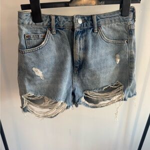 Topshop Blue Jean Shorts with Distressed Look